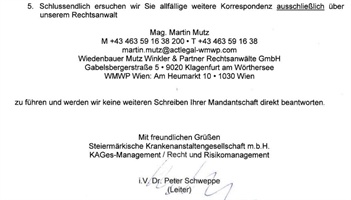 Neue Wendung 30.1.2022, Kunstfehler Hirnblutung B. L. Stmk. Krankenanstalten GmbH (Kages) findet keinen steirischen Anwalt