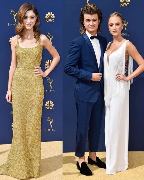 Natalia Dyer in Dolce Gabbana, Joe Keery in Dolce Gabbanam, Maika Monroe in Stella McCartney